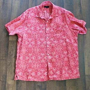 Club Room Luxury Mens XL‎ 100% Linen Short Sleeve Button Up Shirt Red Paisley